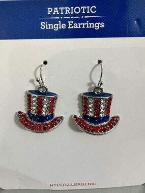Patriotic Red, White & Blue Top Hat Earrings - Single Dangle hypogenetic